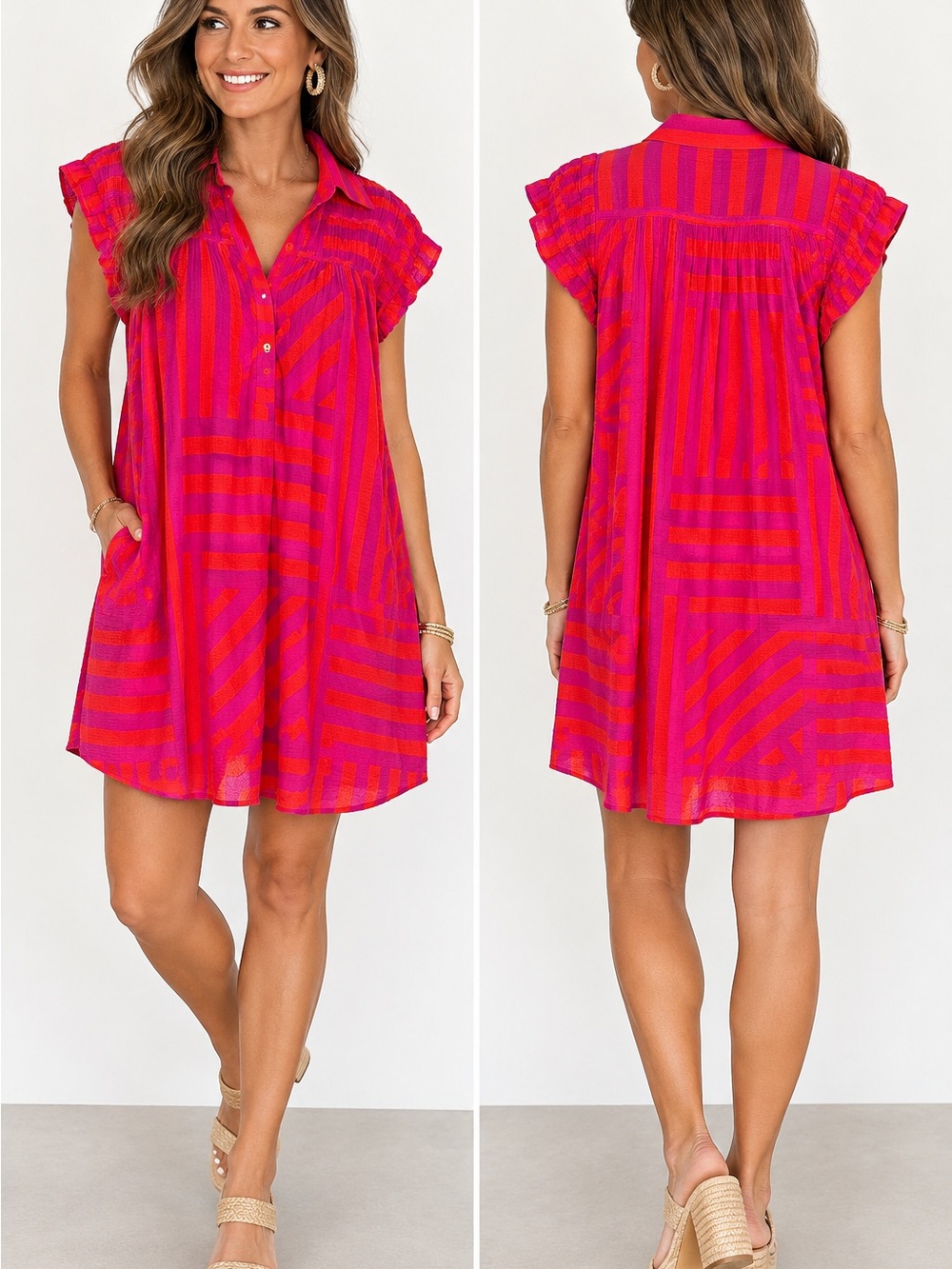 THML Hot Pink and Fuchsia Striped Cap-Sleeve Shift Dress